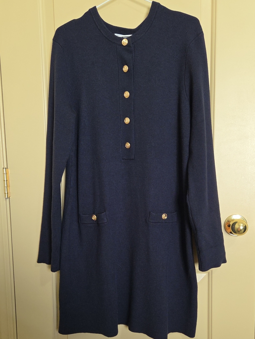 Zara Navy Long-Sleeve Knit Dress with Gold Buttons and Pocket Flaps